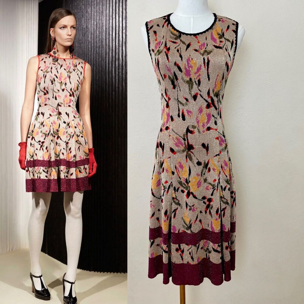 Missoni 2015 Metallic Floral Knit Sleeveless Midi Swing Dress Sz 6 *WITH FLAWS*